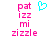 Pixelated text 'pat izz mi zizzle' in pink with a cyan heart symbol above the text on a white background.