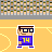 Pixelated basketball-themed animation showing a character in purple jersey with number 14 performing actions on court including standing, holding ball, falling, and displaying text boxes.