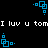 Blue pixelated square icons with dot accents animate against a black background, while white text reads "I luv u tom" in two horizontal lines.
