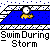 Animated sequence showing a character swimming in blue water under gray tiled roof, with yellow lightning effects and text "Swim During Storm" below.