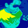 Pixelated cartoon-style icon of a character with blue-green skin wearing yellow and green clothing against a dark blue background.