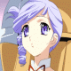 Pixelated anime-style character with light purple hair in pigtails, wearing a brown outfit with white collar and red accents.