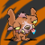 Animated pixel art icon of a brown cartoon dog-like creature with glowing yellow eyes and pink ears against an orange-and-black striped background, showing subtle frame-to-frame variations in pose and drool animation.