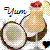 Pixelated icon shows a split coconut with one half open, revealing white flesh and brown shell, next to a bottle with red cap and light green liquid.