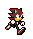 Pixel art character with black fur, red accents, yellow muzzle and eyes, white gloves, and red-and-yellow shoes in multiple running poses.