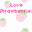 Pixelated pink strawberries with green leaves on white background, with pink text reading Love Strawbberrie: They're Sweet... Like Me!!