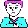 Pixelated character with pink hair and cyan shirt in four positions showing facial expression changes