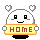 Pixelated character with white rounded head, black square eyes, red cheeks, and smiling mouth holds yellow sign reading HOME; four heart shapes float above.