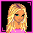 A 4x4 contact sheet of pixel art frames showing a blonde cartoon character with pink top and blue jeans, displaying facial expressions, body parts, and text phrases in a sequence.