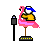 Pixelated pink flamingo rides a yellow-and-black stand with blue-capped rider, next to black parking meter on gray background.