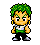 Pixel art character with green spiky hair, green and white sleeveless shirt, black pants, and silver shoes in multiple poses against gray background.