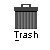 12 trash can icons with varying states, each labeled 'Trash' below. Some cans have open lids revealing a white ball and yellow object inside