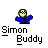 Pixelated character with yellow face and blue shirt, standing above stylized text reading 'Simon Buddy' on gray background.