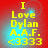 Red background with yellow text reading "I Love Dylan A.A.F. <3333" and a cyan glow effect that shifts position across frames.