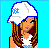 Pixel art contact sheet showing three frames of an animated AIM buddy icon featuring a cartoon character with long brown hair wearing a white cap and blue outfit, followed by torso and legs in jeans.