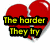 Red broken heart icon with yellow text on four showing sequential phrases