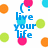 Pixelated icon with blue text phrases and colorful dots on white background, showing three distinct text states in a single frame.