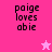 Pixelated text 'paige loves abie' on pink background with a star symbol, displayed in two color variations.
