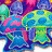 Pixelated cartoon mushrooms with blue stems and green caps, some featuring pink patches; yellow text fragments 'i', 'om', and 'do wallros' appear across the image.