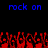 Blue pixelated text "rock on" appears twice at the top of a black background, with red pixelated hands raised below.