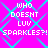 Bright pink background with cyan diamond lattice pattern and repeated white pixelated text reading "WHO DOESNT LUV SPARKLES?!" in four identical sections.