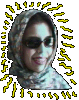 Two side-by-side pixelated images of a person wearing a light-colored headscarf with yellow sunburst shapes around the edges, one image showing dark sunglasses and the other showing large round glasses.