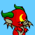 A 4-frame pixel art animation of a red cartoon demon with green horns, yellow crescent moon on forehead, and bat wings in various poses against light blue background.