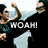 Two figures in dark clothing with light blue backgrounds; one figure raises a fist while text changes from "WOAH!" to "FISTY!".