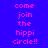 Pixelated text 'come join the hippi circle!!' in pink on blue and purple backgrounds, with two distinct color variations.