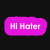 Two adjacent pink rounded rectangles with white text; left reads "Hi Hater" and right reads "Bye Hater" on a black background.