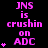 A static image displays repeated text "JNS is crushin on ADC" in bright pink pixelated font against a black background, with small star symbols scattered around the text.