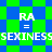 Pixelated green and blue checkered background with repeated white text 'RA = SEXINESSEXINESS' in two