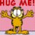 Pixelated orange cat with wide eyes and outstretched arms stands on pink background with red 'HUG ME!' text above; adjacent yellow shows green 'Hug me!' text; cyan below has purple 'No seriously PLEASE!' text