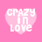 Pixelated pink heart-shaped icon with white text "CRAZY IN LOVE" displayed across three frames in a contact sheet layout.
