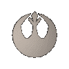 Animated sequence of a circular symbol with two wing-like cutouts, transitioning through grayscale shades and 3D rotation views.