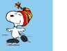 Snoopy in a red and yellow striped hat with a flower, ice skating on a light blue background.