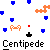 Pixelated animation of orange centipede-like creatures moving across gray background with blue and black shapes, text "Centipede" repeated below.