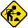 Yellow diamond-shaped warning signs with black silhouettes of workers using shovels, showing sequential motion of digging actions.