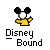 Pixelated character with black mouse ears, white face, yellow shirt, and raised arm against gray background with "Disney Bound" text below.