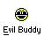 Pixelated circular icon with yellow face, black eyes, and white teeth on gray background; text below reads 'Evil Buddy' in blocky font.