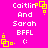 Pixelated pink background with white text reading "Caitlin And Sarah BFFL :" and yellow square-shaped icons at four corners.