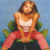 A pixelated image of a person in a white top and red pants seated on green foliage against blue background, with yellow symbols and text on pink and gray