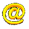 yellow @ symbols in various 3D orientations and rotations against a gray background, with some appearing as flat icons and others as curved or tilted shapes