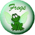 Green frog with light green wings sits in circular frame; text above reads 'Frogs' or 'Amore' on white background.