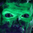 Pixelated green cartoon face with large dark eyes and a small nose, set against a dark background with blue-green pixelation.