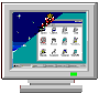 Pixelated Christmas tree with colorful ornaments on a blue background, displayed across multiple computer monitor views with varying desktop elements.