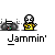Pixel art character in yellow shirt with boombox, displaying four distinct facial expressions