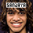 A pixelated close-up of a smiling person with curly hair, overlaid by a white rectangular banner containing the text 'SANJAYA' in bold black letters.