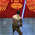 A pixelated contact sheet showing two frames of a Star Wars Jedi Academy animated icon featuring a character with a lightsaber against a red background and green text reading "Original Icons .com".