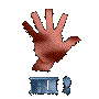 A hand with five fingers in various positions above a blue rectangular shape with a small circular element on the right.